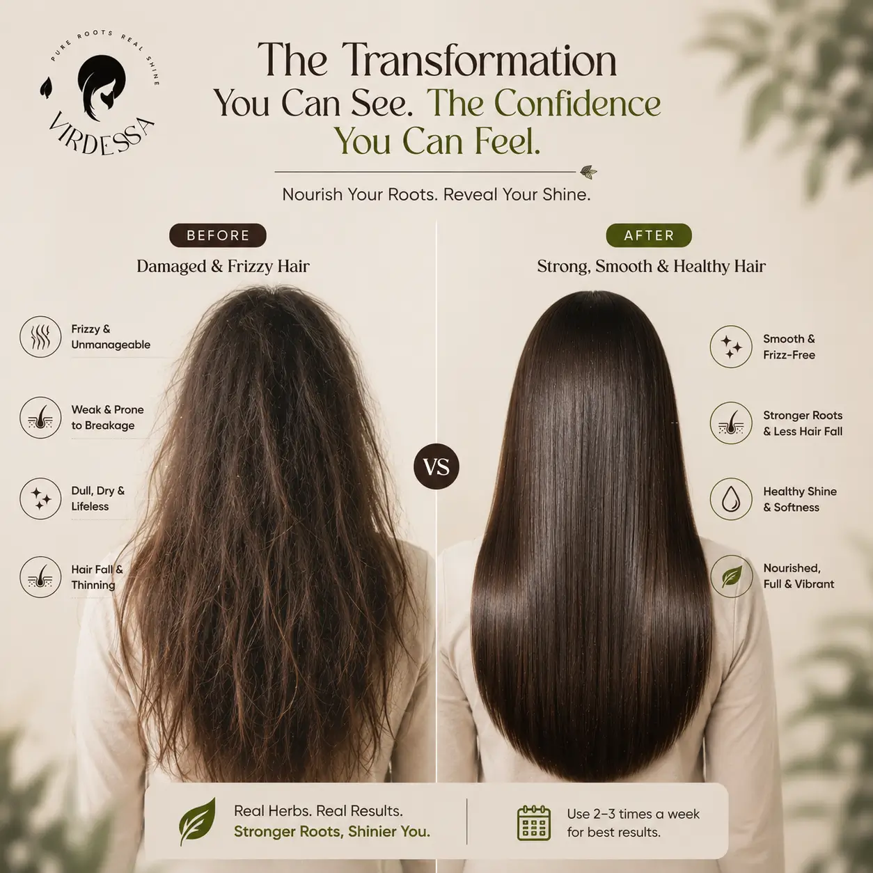 Before and after hair comparison showing damaged frizzy hair transformed into smooth, shiny and healthier-looking hair after using Virdessa Herbal Hair Care Shampoo
