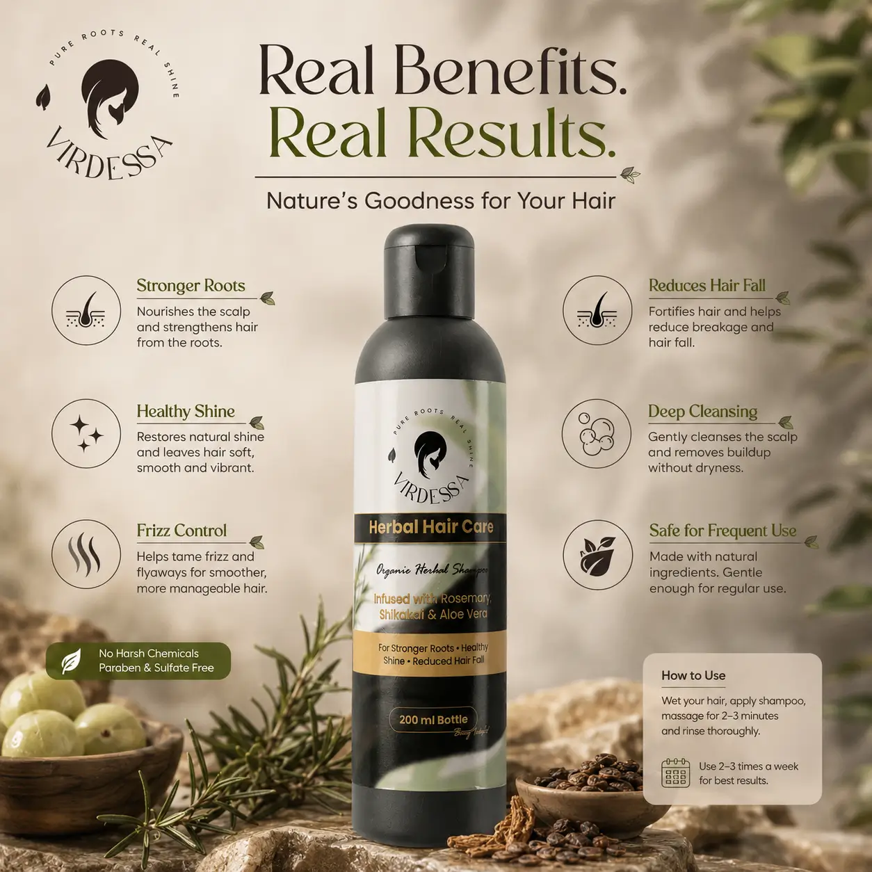 Benefits of Virdessa Herbal Hair Care Shampoo including stronger roots, reduced hair fall, deep cleansing, healthy shine, frizz control and safe frequent use.